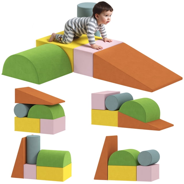 Qaba Climbing Toys for Toddlers, Soft Foam Climbing Blocks in orange, green, pink, yellow, and light blue. The set includes five shapes: a cylinder, slope, half-cylinder, cube, and rectangle, designed for children aged 6 months to 3 years. Made with high-density 25D PU foam and soft velvet covers, these blocks are gentle on skin and support active play. The removable, machine-washable covers ensure easy cleaning. Shown in various configurations, including a child climbing on the assembled blocks.
