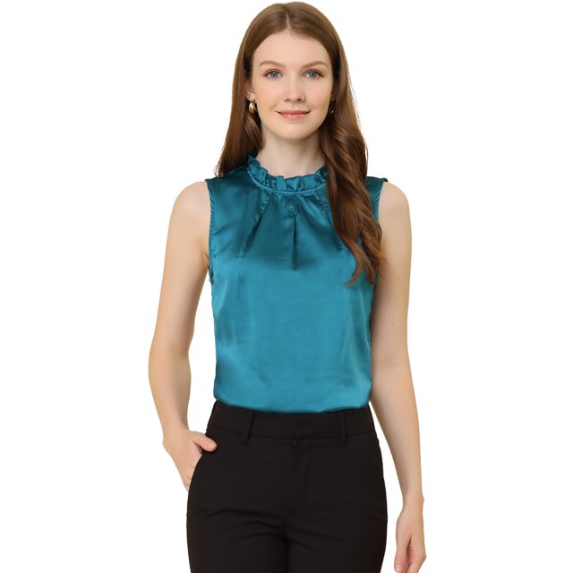 INSPIRE CHIC Women's Ruffle Neck Pleated Front Summer Sleeveless Satin Tops Deep Green M