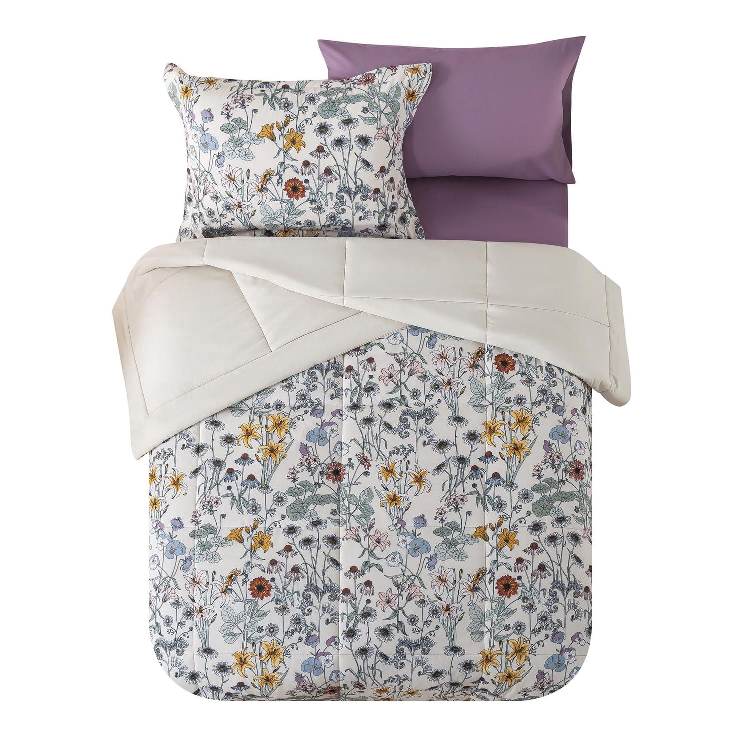 Mainstays All in One Reversible Comforter and Sheet Set, 7-Piece, Full, White Multi Floral
