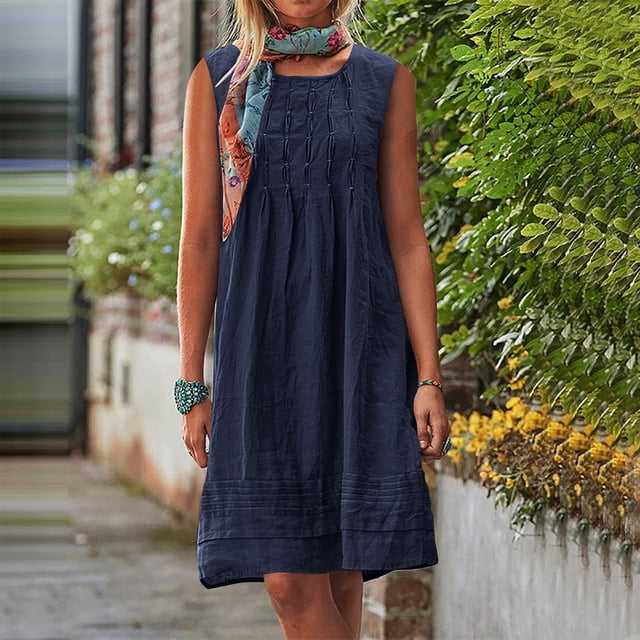 Ovzne Robes pour Femmes Robe de Plage Robe pour Femme à Col Rond Sans Manches Plissée Couleur Unie en Lin Robe Ample Robe d'Été Liquidation