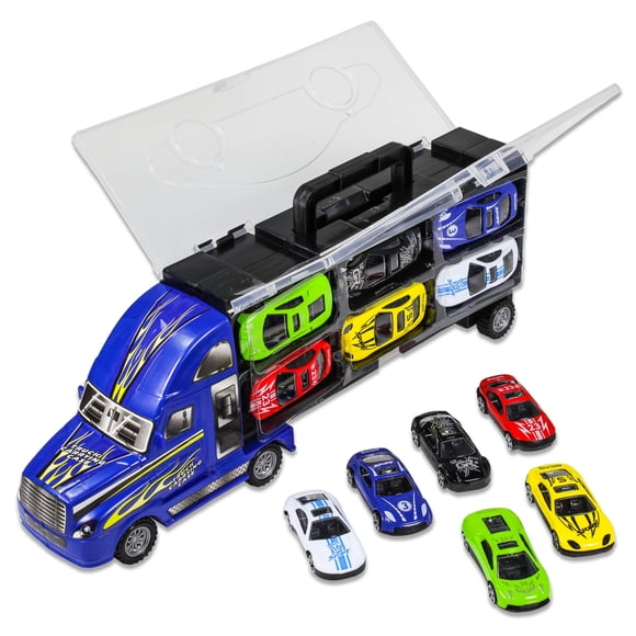 7pc Diecast Semi Truck Trailer Race Car Transporter Auto Hauler Carrier - Blue