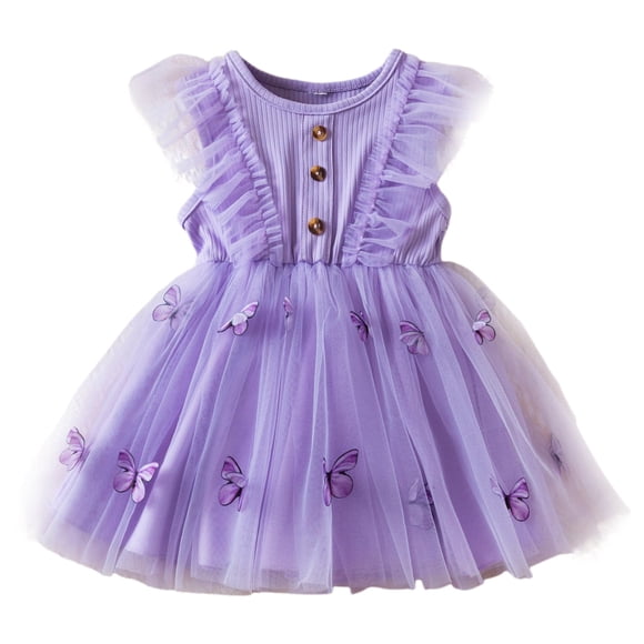 MEZZALL Kids Children Girls Summer Sleeveless Butterflies Print Mesh Dress Princess Casual Dress For Girls Cute Toddler Sundress, Purple, 3-4 Years