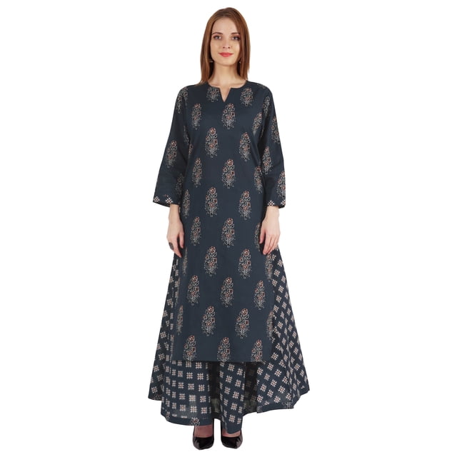 Phagun Ensemble Kurti et Jupe en Coton Ethnique Indien pour Robe de Soirée pour Femmes avec un Motif Traditionnel Imprimé. le Kurti a un Encolure en V Fendue, des Manches Longues, des Fentes Latérales et une Coupe Confortable, Assorti à une Jupe Évasée avec une Taille Élastique. Fabriqué en Matériau cambric de Coton avec un G/m2 de 74, le Kurti Mesure Environ 46 Pouces de Longueur, et la Jupe Mesure 35 Pouces de long. Ce Vêtement Traditionnel d'Asie du Sud Est Idéal pour les Mariages, les Fonctions Familiales et les occasions Festives. Montré dans une base Sombre