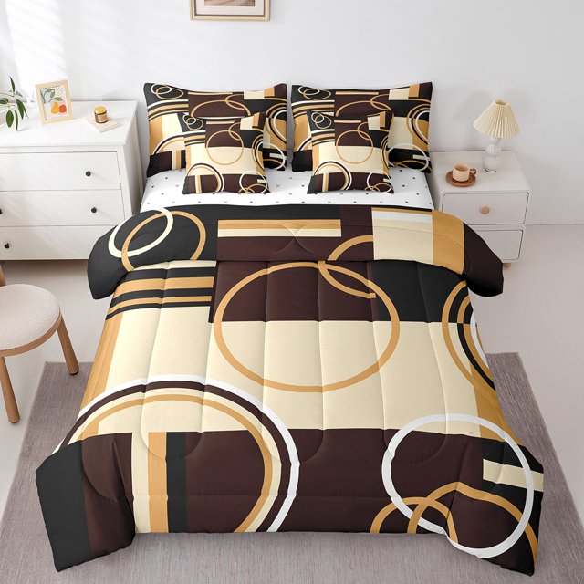 YST Ensemble de Literie Moderne Géométrique 7 Pcs Format Simple Brun Noir Rayures Ensemble de Couette pour Enfants Adultes Rétro Cercles Tourbillons Ensemble de Literie Déco de Chambre Texture Abstraite Couleur Art Drap Plat