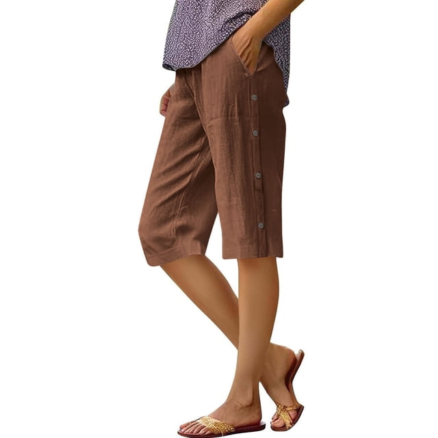 BLVB Linen Shorts for Women High Waisted Lightweight Bermuda Shorts Side Button Short Beach Vacation Outfits Pockets