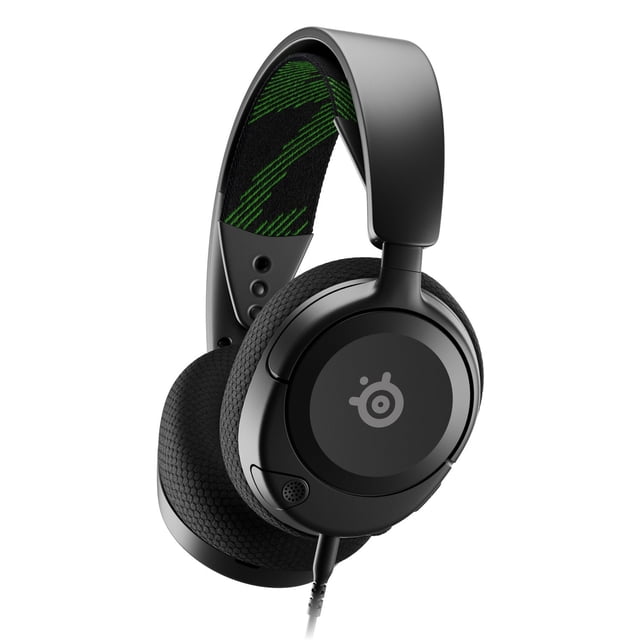 SteelSeries Arctis Nova 1X Gaming Headset with black cushioned over-ear earcups, matte black adjustable headband featuring green patterned inner strap, retractable noise-cancelling microphone, and 3.5mm wired connection compatible with Xbox, PS5/PS4, Switch, PC, Mac, and mobile devices, ideal for immersive multi-platform gaming and audio customization.