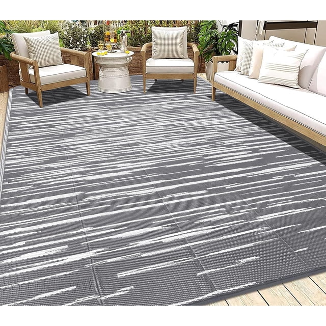 Findosom Tapis d'Extérieur Imperméable 9'x12 Pieds à Rayures, Tapis de Paille en Plastique Pliable et Réversible, Grand Tapis de Patio pour Extérieur, Véhicule Récréatif, Patio, Arrière-Cour, Terrasse, Pique-Nique, Plage, Camping Gris