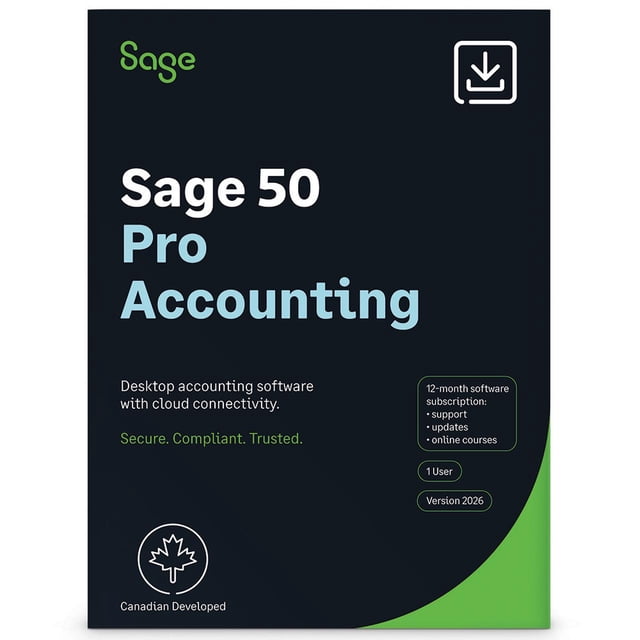 Sage 50 Pro Accounting 2026 digital download box displaying desktop accounting software with cloud connectivity, 12-month subscription including support, updates, and online courses, for 1 user, Canadian developed, with black and green design.