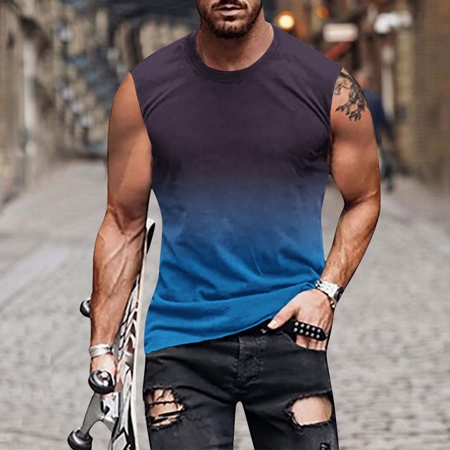 DPTALR Débardeur Sans Manches Dégradé pour Hommes Imprimé Non Positionné Col Rond T-shirt Sans Manches Décontracté Sport