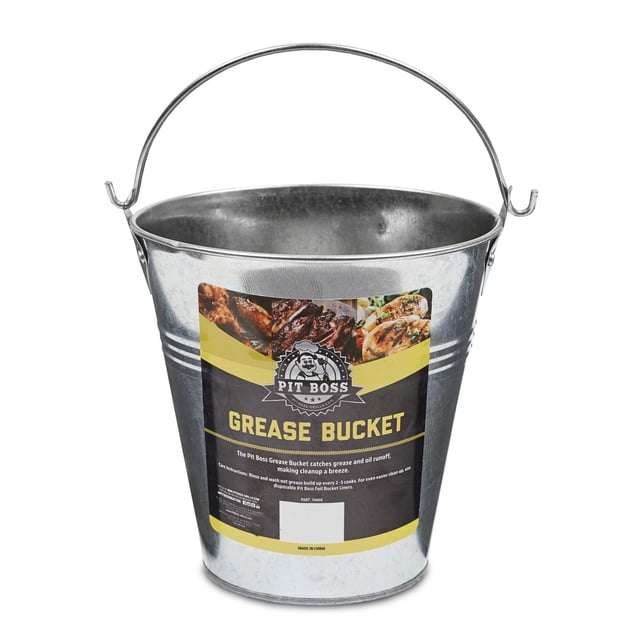 Pit Boss Pellet Grills Grease Bucket, 6 inch by 6 inch steel barbecue bucket with a hanging metal handle and black and yellow label showing grilled meats, designed as a drip tray liner to catch grease and oil runoff for cleaner outdoor cooking.