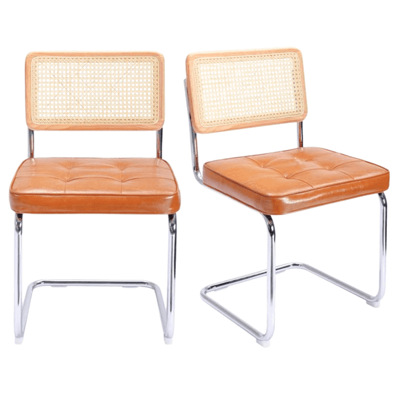 LivinVeluris Set of 2 Modern Rattan Dining Chairs, Mid-Century Dining Side Chairs, Cane Dining Chairs with Teddy Velvet, Armless Kitchen Chairs (Chrome Frame with Rust Cushion)