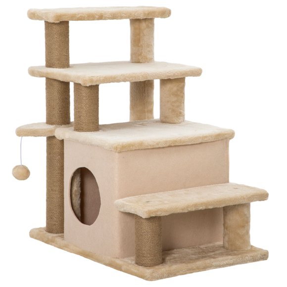 Beige Cat Stairs & Condo - 26" Pet Steps for Couch/Bed - Adjustable Height, Scratching Posts & Toy - Ideal for Small Cats & Senior Pets - Living Room/Bedroom Furniture
