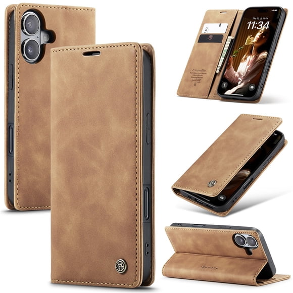 CaseMe Leather for iPhone 17 Case, Flip Wallet Leather Case with Card Holder Magnetic Closure Shockproof Kickstand Protective Phone Cases Cover for iPhone 17,Brown,For iPhone 17