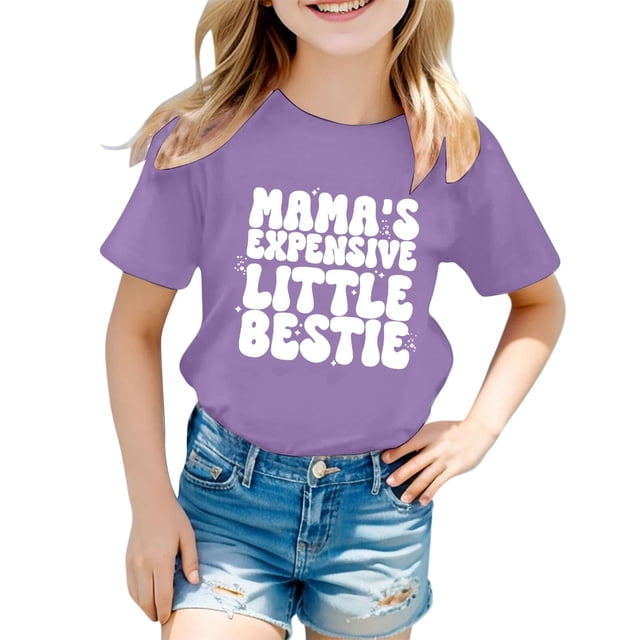 Girls Softball under Shirts Ruffle Girl Clothes Children's Casual Letter Pattern Print Multicolor Round Neck Short Sleeves