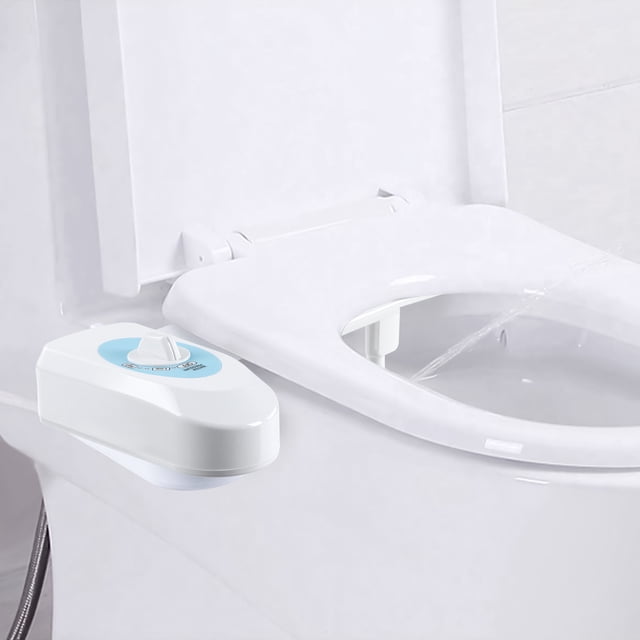 PRETXORVE Bidet Seat Attachment & Fresh Water Sprayer featuring a sleek, compact design installed on a standard toilet seat. The bidet includes adjustable water pressure controls, a cool water wash, and a nozzle cleaning feature for enhanced hygiene. Ideal for feminine wash and rear cleaning, it promotes better sanitation and reduces toilet paper usage. The white ABS material complements modern bathroom aesthetics.