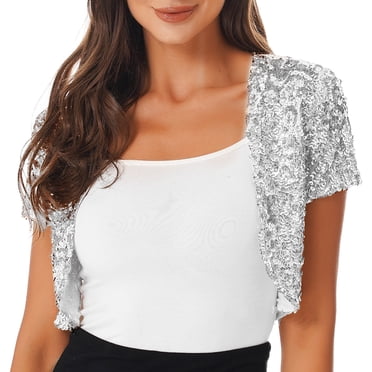 Jhaoyu Women Shiny Sequin Cropped Jacket Open Front Waistcoat Cardigan Shrug Outwear Clubwear Silver One Size