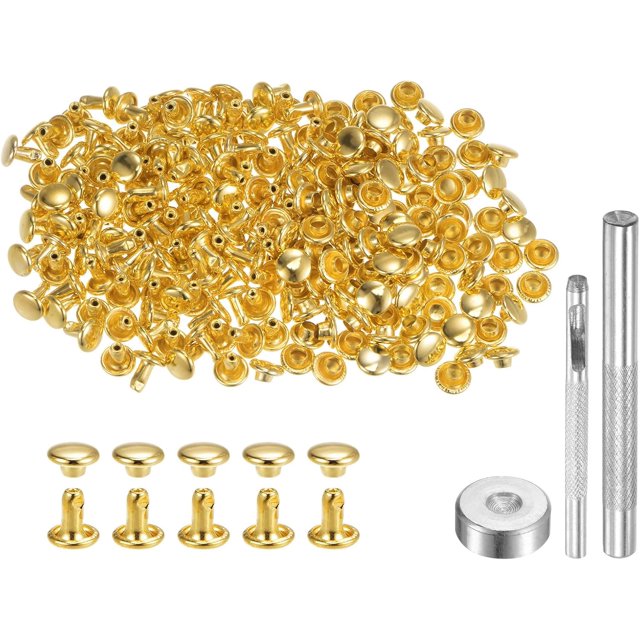 200 Sets Leather Rivets 6 x 6mm Metal Double Cap Rivet Snaps Studs Fasteners with 3pcs Setting Tools Rivets for Leather Craft DIY Repair Decoration, Gold Tone