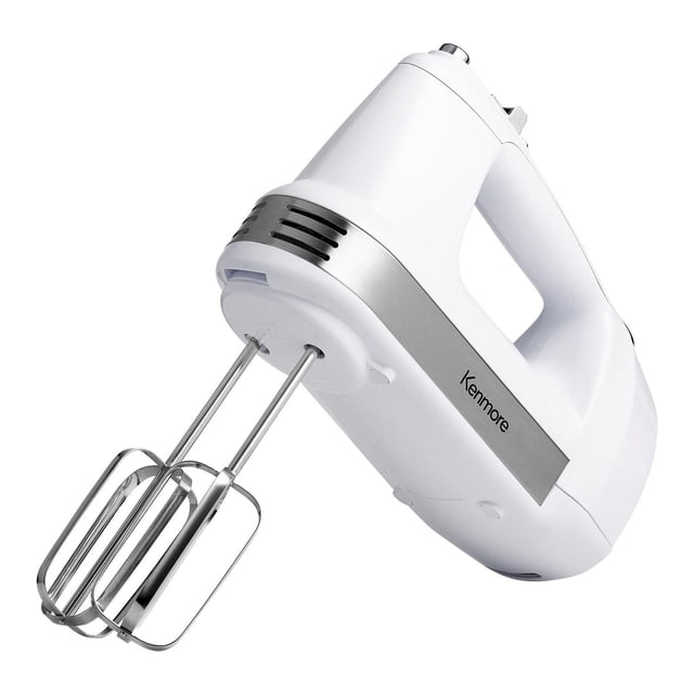 Kenmore 5-Speed Hand Mixer with Beater & Blender Attachments showing a white handheld mixer with stainless steel beaters, brushed silver panel with Kenmore logo, ergonomic handle, 250 Watt motor, and 5 speeds for versatile mixing tasks including whipping, blending, and dough mixing.