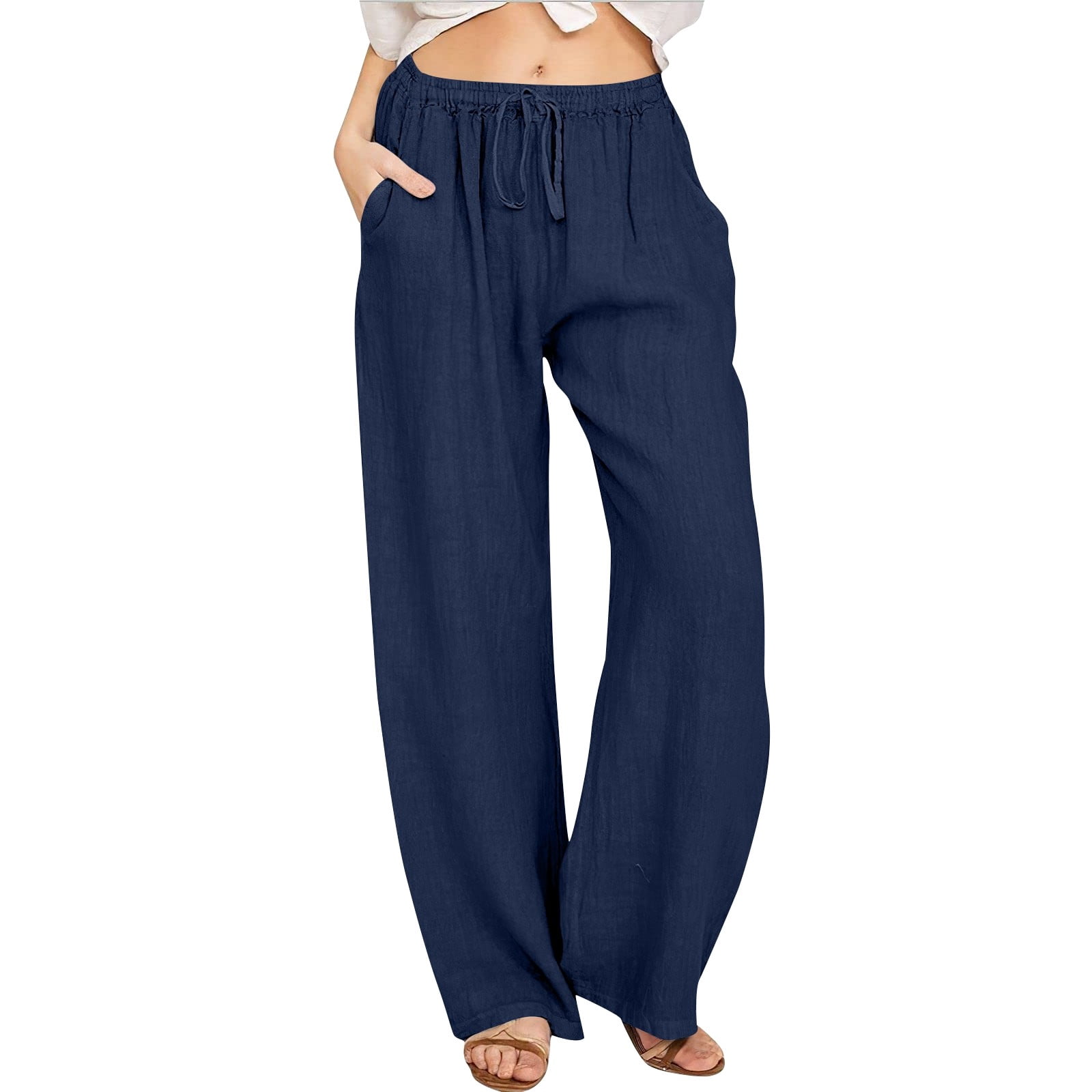 WEIYLL Pants for Women Linen Elastic High Waist Drawstring Wide Leg Yoga Navy Pant size L