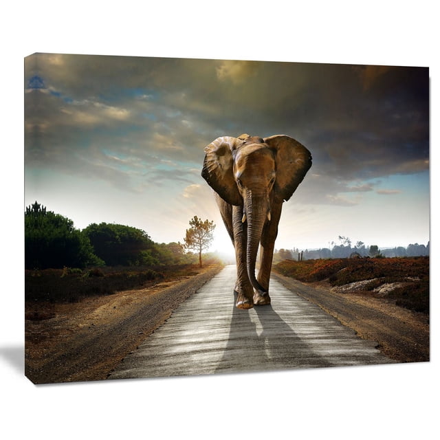 Design Art Single Walking Elephant Photography Canvas Art Print, a 20 by 12 inch gallery wrapped cotton canvas showing a front-facing elephant walking on a sunlit road with natural shrubbery and a cloudy sky, ready to hang with included hardware, suitable for home or office wall décor.