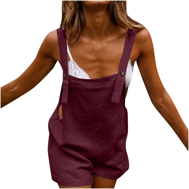 Womens Casual Summer Overalls Adjustable Straps Cotton Linen Shortalls Solid Shorts Jumpsuits Rompers with Pockets