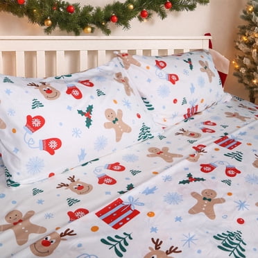 Gogreen 4PC Queen Christmas Sheet Set Deep Pocket Fit 16", Breathable Microfiber Soft Queen Sheet Set Warm Sheets, Luxury Hotel Style Christmas Decor Queen Bed Sheet Set, Christmas Gift