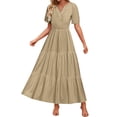 thumbnail image 1 of HXWCHs Robe d'Été pour Femme, Fluide, Col en V, Taille à Nouer, Robe Décontractée d'Été, Confortable, Plage, Évasée, Maxi pour la Saison du Printemps, Kaki, TG, 1 of 7