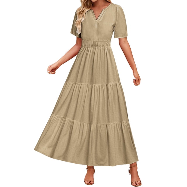 HXWCHs Robe d'Été pour Femme, Fluide, Col en V, Taille à Nouer, Robe Décontractée d'Été, Confortable, Plage, Évasée, Maxi pour la Saison du Printemps, Kaki, TG