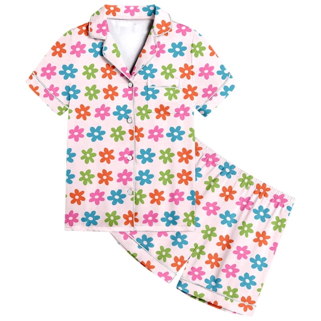 MIASHUI Girls Pajamas Set Flower Pattern Button-Down Sleepwear 2 Piece Nightwear,Light Pink,6-7 Years