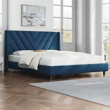 FullFurnique Upholstered Platform Bed Frame with Tufted Headboard, Queen, Blue