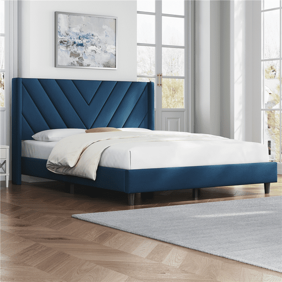 FullFurnique Cadre de Lit Capitonné avec Tête de Lit à Capitonnage, Queen, Bleu