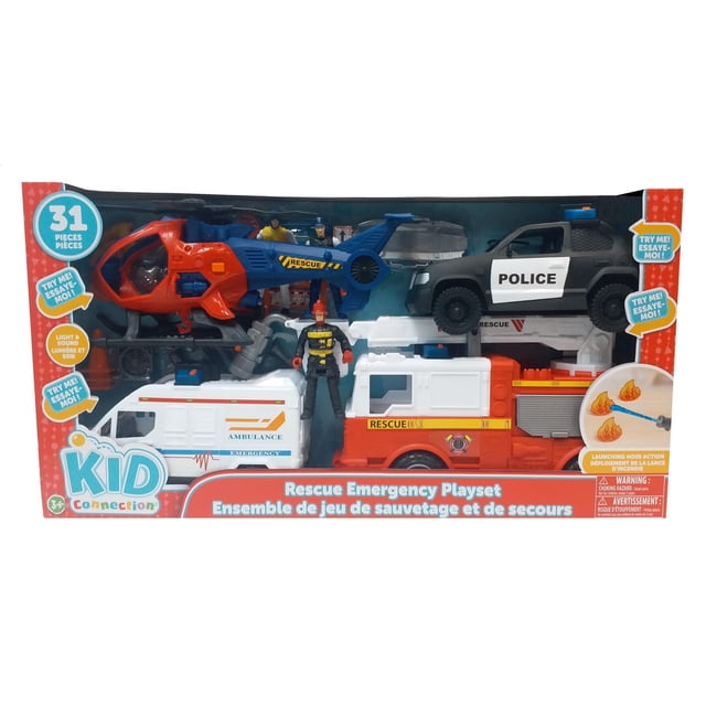 Kid Connection 31 Pieces Rescue Emergency Playset with a red and blue rescue helicopter, white ambulance, red and white fire truck, black and white police SUV, and two rescue figures, featuring interactive lights and sounds for imaginative emergency play.