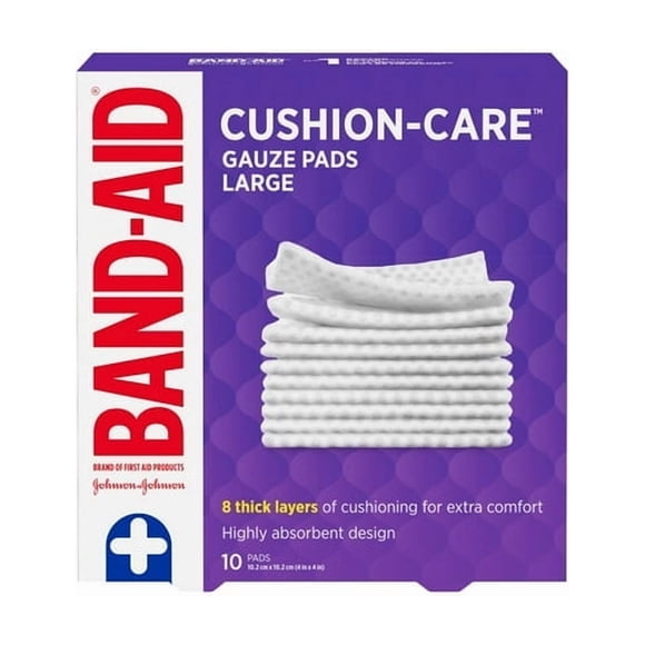 Band-Aid Brand CUSHION-CARE™ Gauze Pads Sterile for Protection of Minor Cut, Scrapes & Burns, Non-Adhesive & Individually-Wrapped Wound Care Dressing Pads, Large Size, 4 inches x 4 inches, 10 Count