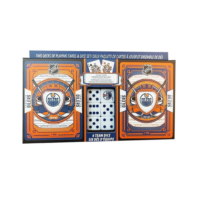 Masterpieces Puzzle Company Edmonton Oilers - 2-Pack Playing Cards & Dice Set with two decks of NHL Edmonton Oilers playing cards featuring orange and blue team crest design, plus six white 16mm dice with blue dots including one dice with the Oilers logo, ideal for poker and casino game nights.