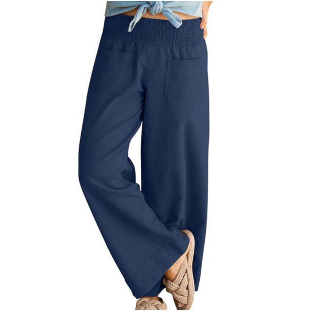 Femmes Pantalon Large Taille Élastique Pantalon Décontracté en Lin avec Poches Amples