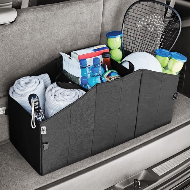 Auto Drive Organisateur de Coffre de Voiture Multifonction à Parois Rigides et Pliable en Tissu Noir avec Multiples Compartiments Tenant des Serviettes Roulées, des Bouteilles d'Eau, des Balles de tennis en tubes, un volleyball, une Raquette de tennis et des Collations, Conçu pour l'Organisation du Coffre du Véhicule et pour Économiser de l'Espace.