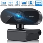 Webcam avec Microphone, 1080P Web Camera Streaming Ordinateur pour PC Ordinateur portable de bureau Mac Windows Enseignement en ligne Business Gaming Conférence avec le bruit Annuler 360° Rotation, correction de la lumière, 30FPS