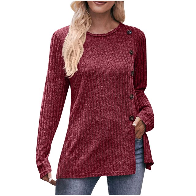 Pisexur Chandail Décontracté Asymétrique pour Femmes Couleur Unie Manches Longues Tricoté Côtelé Col Rond Bouton devant