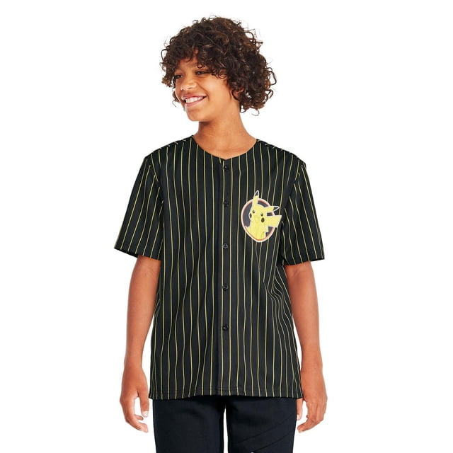 Pokemon Boys' Pikachu Baseball Shirt in black with yellow vertical pinstripes, featuring a full-button front closure, crew neckline, short sleeves, and a Pikachu graphic on the left chest, made of breathable mesh fabric.