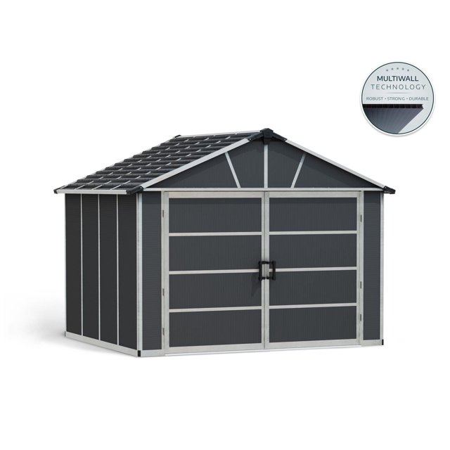 CANOPIA by PALRAM Yukon 11 ft. x 9 ft. dark grey storage shed with a gable roof and wide double doors featuring black handles, constructed with an anti-rust aluminum frame and 100% UV-protected polycarbonate panels for durable, weather-resistant outdoor storage and vehicle protection.