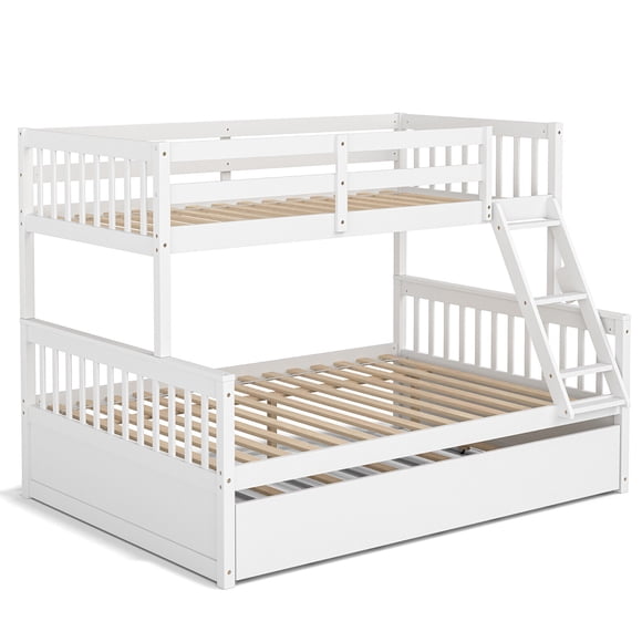 Gymax Twin Over Full Bunk Bed with Twin Trundle Convertible Platform Bed White