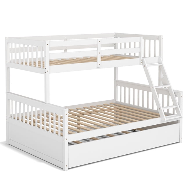 Gymax Lit Superposé Double sur Grand avec Lit Gigogne Double Convertible en Lit Plateforme Blanc, Conçu pour les Chambres d'Enfants et Doté d'Un Cadre Robuste en Bois de Pin avec Lattes en Bois pour la Durabilité. la Conception Gain de Place Comprend un Lit Supérieur Double, un Lit Inférieur Double et un Lit Gigogne Coulissant avec des Roulettes à Roulement Fluide. des Garde-Corps Pleine Longueur et une Échelle Intégrée Assurent Sécurité et Commodité. le Lit Superposé Peut Être Séparé en Deux Lits Individuels, le Rendant Idéal pour les Enfants en Croissance Ou les Invités