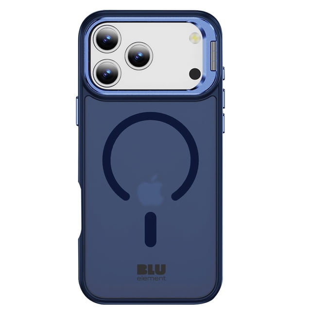 Blu Element Chromatic Kick MagSafe Case Navy for iPhone 17 Pro featuring a semi-transparent navy back with a MagSafe compatible circular pattern, soft-touch shock-absorbing edges, impact resistance, and extra camera protection with precise cutouts for triple lenses and flash.