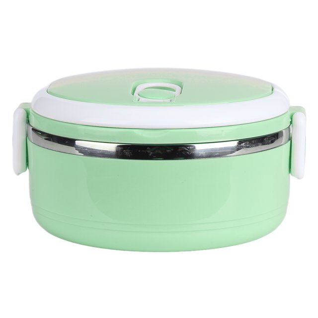 LHCER Thermal Lunch Box Stackable Hot Food Insulated Box made of 304 stainless steel with a round shape and a green exterior. Features a silicone sealing design for heat preservation, an air vent for easy opening, and ergonomic handles for convenient carrying. Includes safety buckles on both sides for secure closure. Suitable for home, school, office, or outdoor use.