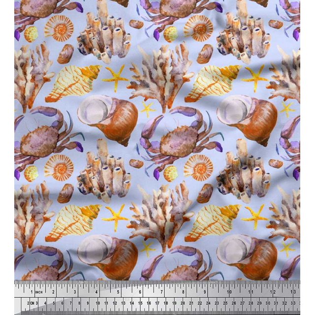 Soimoi Blue Moss Georgette Fabric Crab,Shell & Coral Ocean Decor Fabric Printed Yard 42 Inch Wide