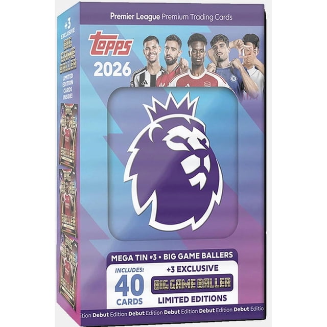 Premier League 2026 New - One Random Mega Tin containing 40 soccer trading cards, including 3 exclusive limited edition cards. The tin features the Premier League lion logo and images of top players, designed by HASSENTIAL. Perfect for collectors and trading soccer cards, with durable storage.