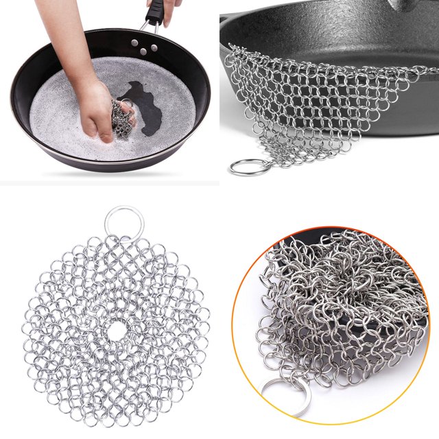 Chainmail Scrubber, Stainless Steel Chainmail Scrubber with Hanging Ring - Non-Stick Skillet & Bbq Grill Cleaner, Rust-Resistant & Durable, Round Pot Cookware Essential, Stainless Steel Pot Cleaner