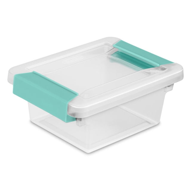 Sterilite Plastic Mini Clip Storage Box Container with Latch Lid, 18 Pack. A clear plastic storage box with blue latches and a secure lid, designed for organizing small items like craft supplies, nails, or paper clips. The box measures 6.62 inches long, 5 inches wide, and 2.75 inches high, and is stackable for efficient vertical storage.
