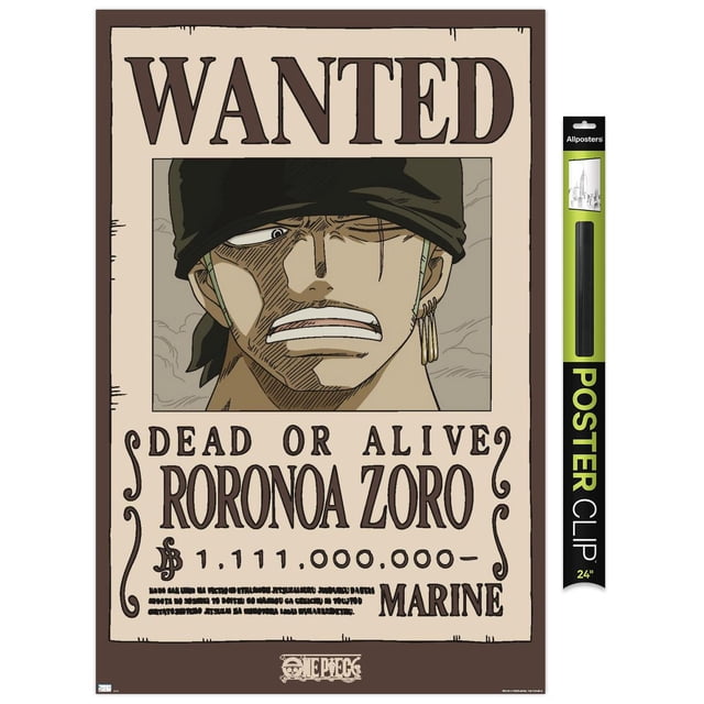 Roronoa Zoro Affiche Murale Recherché Mettant en Vedette un Gros Plan du Personnage d'Anime Portant un bandana Noir à l'Expression Sérieuse. l'Affiche de Style Vintage Lit « wanted DEAD OR ALIVE Roronoa Zoro $1,111,000,000 MARINE » sur un Fond beige avec une Bordure Brune. Cette Affiche Murale Encadrée Est Idéale pour les fans d'Anime et la Déco de la Maison.