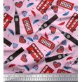 thumbnail image 1 of Soimoi Modal Satin Fabric Bus,Telephone Booth & London Clock Tower Architectural Print Fabric by The Yard 42 Inch Wide, 1 of 3